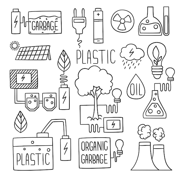 Energy doodles. Electricity green generation fuel storage plant extension flames buildings factory icons. Generation green production sketch, electricity industry eco illustration