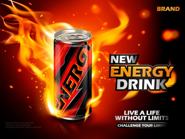 energy drink contained in metal can with flame element, red background 