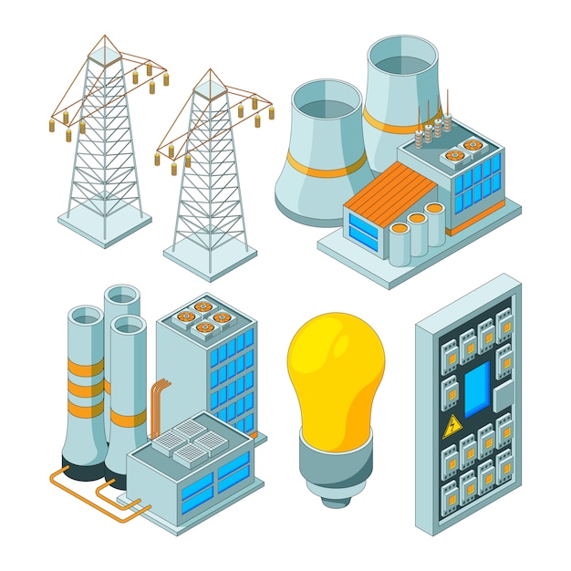 Vector energy electric system. power lighting generators saving electrical light tools  isometric illustrations