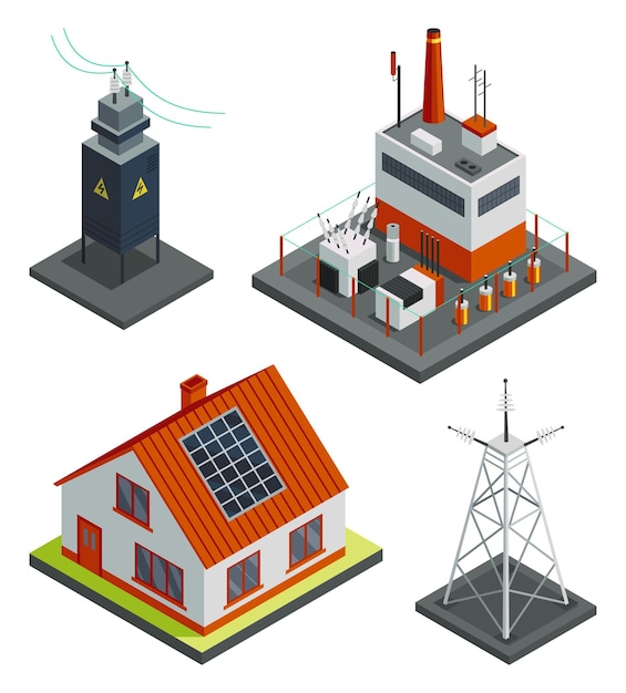 Energy power grid isometric Power distribution with family house wind and high voltage electricity grid pylons electric transformer Electric transmission network providing energy supply