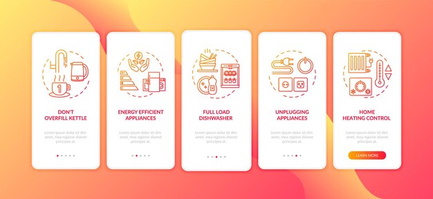 Vector energy saving advice mobile app page screen with concepts. domestic tips for resource efficiency walkthrough five steps graphic instructions. ui vector template with rgb color illustrations