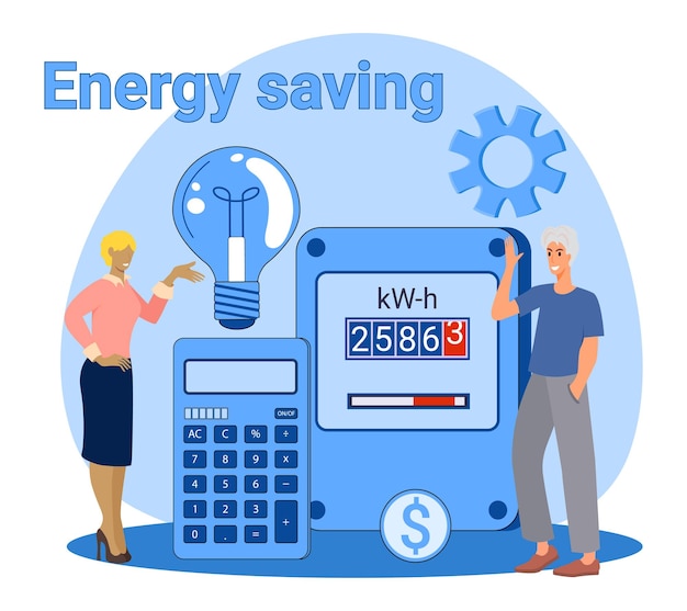 Energy saving People on the background of an electric meter and a calculator are counting