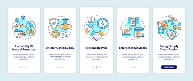 Energy security components onboarding mobile app page screen with concepts