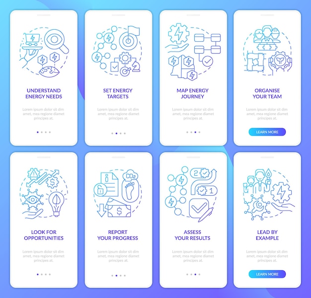 Energy strategy blue gradient onboarding mobile app screen set