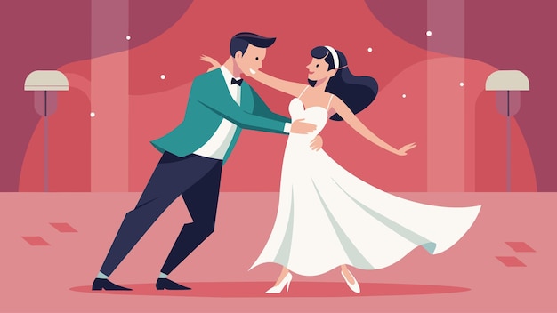 Vector an engaged pair rehearsing for their first dance at their upcoming wedding nervous but determined as