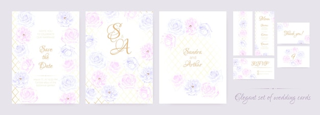 Engagement invitation templates set with watercolor roses