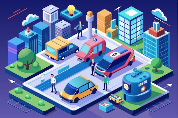 Vector an engaging isometric illustration showcases smart mobility options highlighting various vehicles and urban elements smart mobility customizable isometric illustration