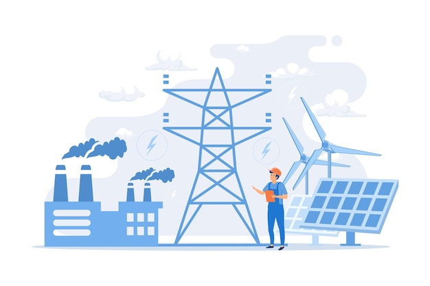 Engineer choosing power station with solar panels and wind turbines. Alternative energy,