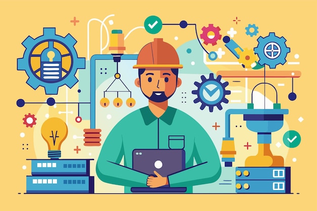 Engineer Examining Machinery With Laptop An engineer are maintaining machines providing ideas and solutions Simple and minimalist flat Vector Illustration