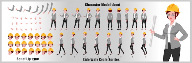 Engineer Girl Character model sheet with walk cycle animations and lip syncing