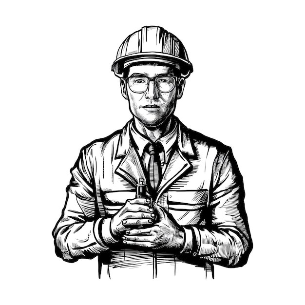 Engineer ink sketch drawing black and white engraving style vector illustration