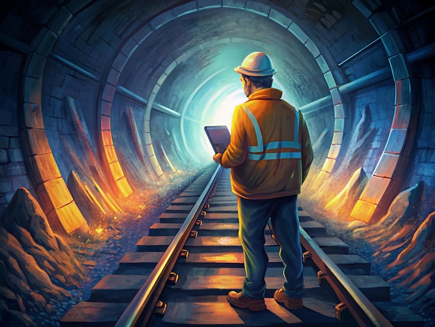 Engineer Inspecting Railway Tracks in a Tunnel