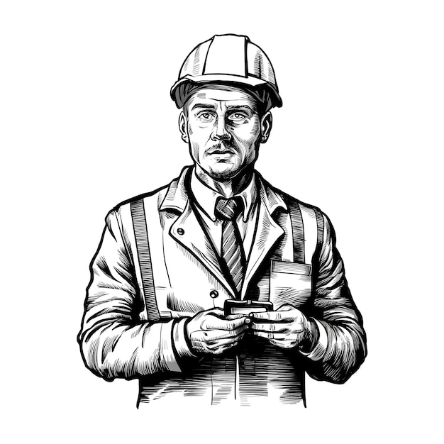 Engineer monochrome ink sketch vector drawing engraving style illustration