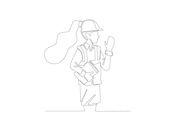 Engineering day one line drawing of a female engineer doing preparation work. A simple line concept.