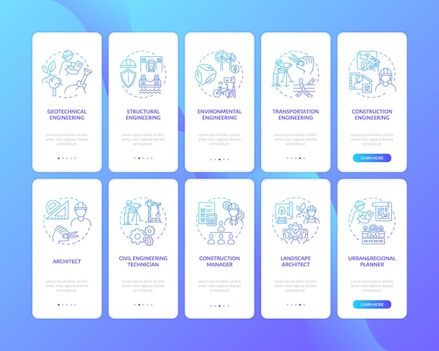 Engineering expertise onboarding mobile app page screen with concept set illustrations