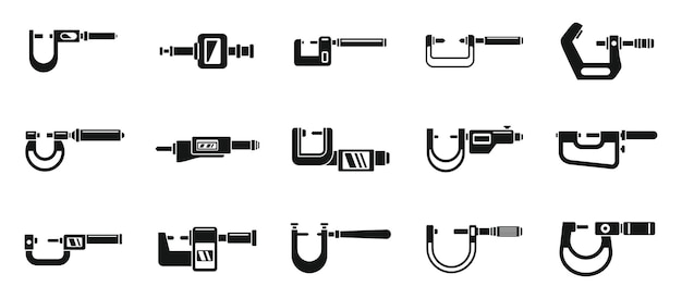 Engineering micrometer icons set simple vector. Industrial gauge. Inch equipment