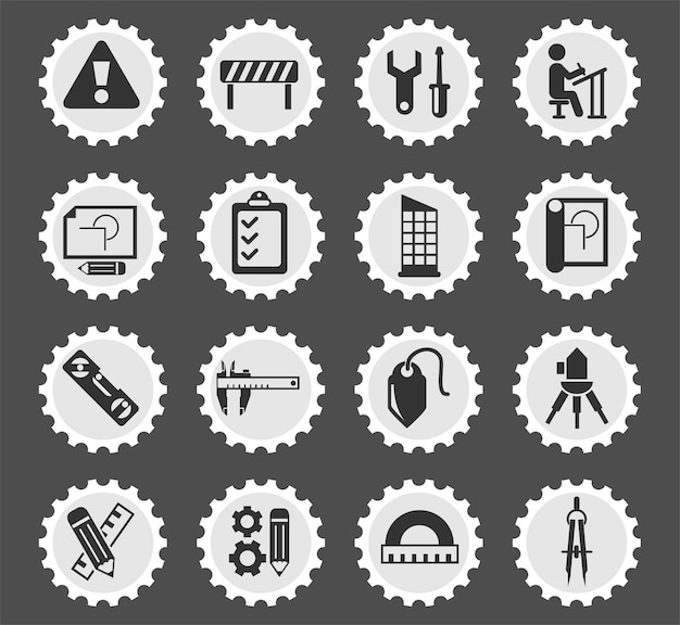 Engineering symbols on a round postage stamp stylized icons