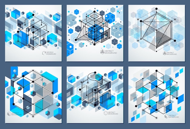 Engineering technological blue vector 3D wallpapers set made with cubes and lines. Illustration of engineering system, abstract technological backdrop. Abstract technical background.