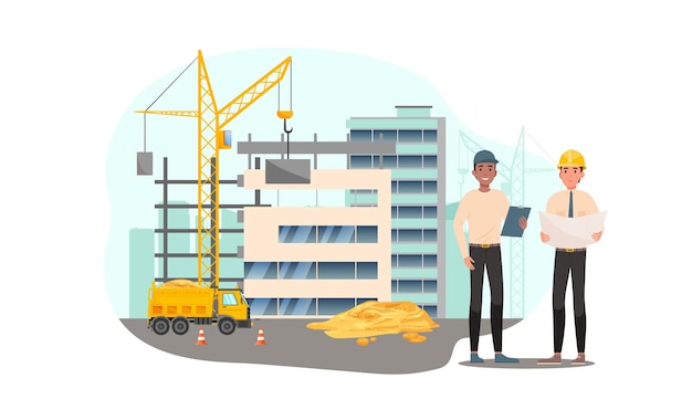 Engineers are discussing new creative plan of building Architecture with truck construction crane and sand in the background Vector graphic illustration