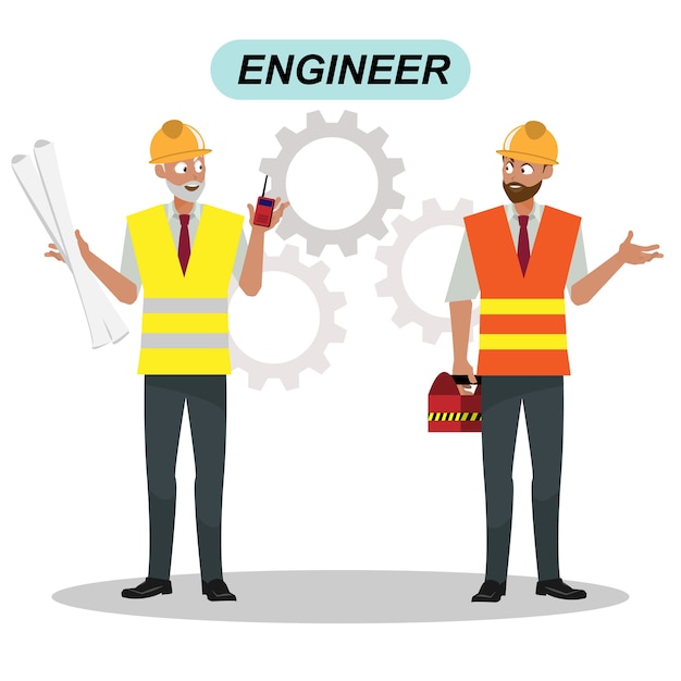 Engineers cartoon set workers architect and surveyor Group of industrial people characters