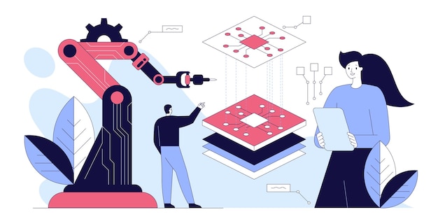 Engineers check and control automation robot arms