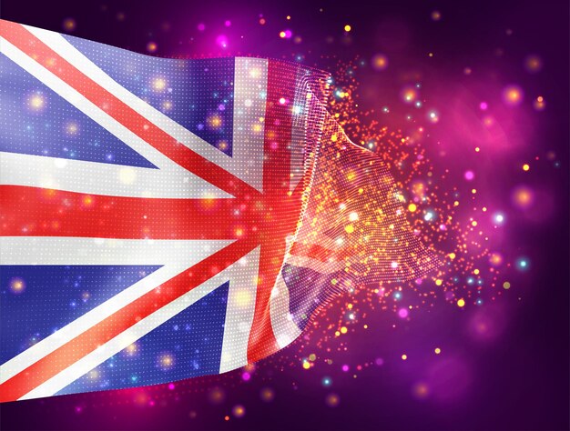 England, vector 3d flag on pink purple background with lighting and flares