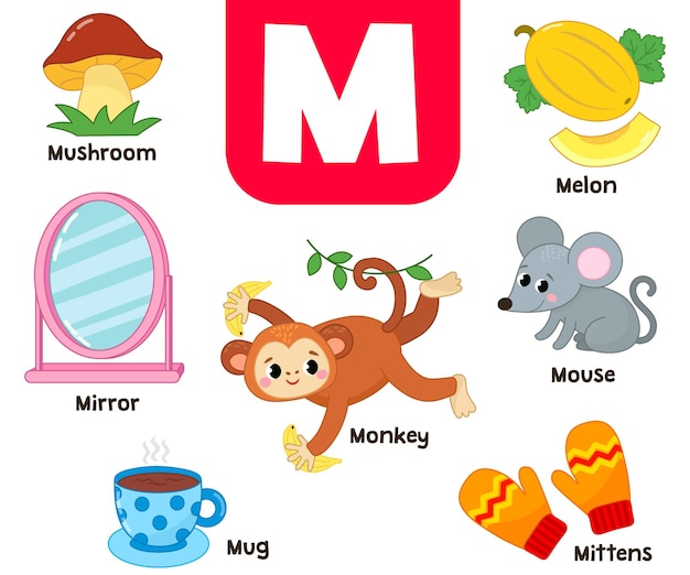 English alphabet in pictures Children's colored letter M vector illustration