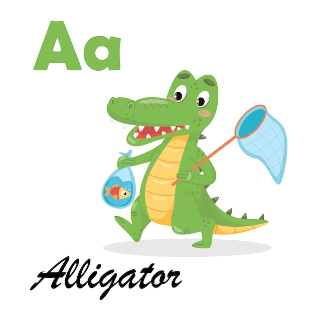 English alphabet with animals for kids. Alligator abc on white isolated background