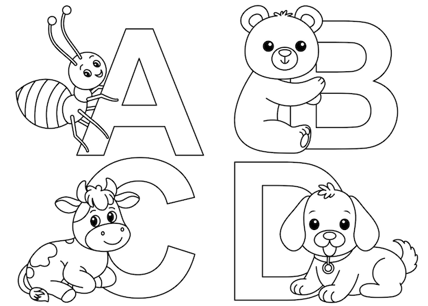 English alphabet with cute animals in cartoon style for kids