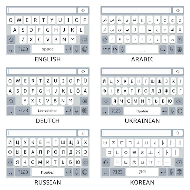 English Arabic Germany Ukrainian Korean and Russian smartphone virtual keyboards