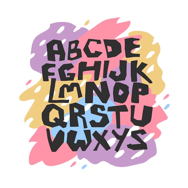 English hand drawn alphabet in vector illustration isolated on colorful spots background