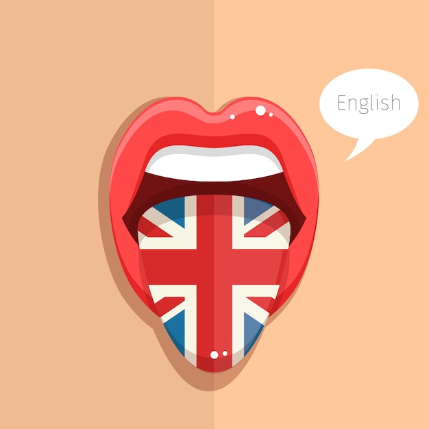 English language concept English language tongue open mouth with flag of Britain woman face Flat design   illustration