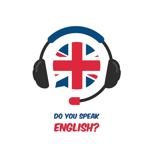 English language course. Online learning and distance education. Headphones with speech bubble.