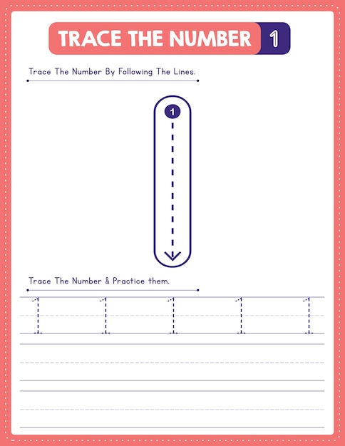 English Number Tracing Handwriting Practice Worksheet With Arrow Direction Number 1