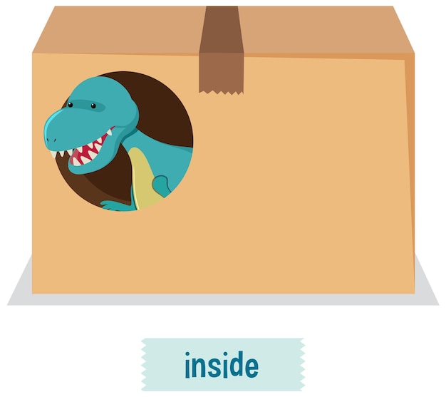 English prepositions with dinosaurs inside boxes