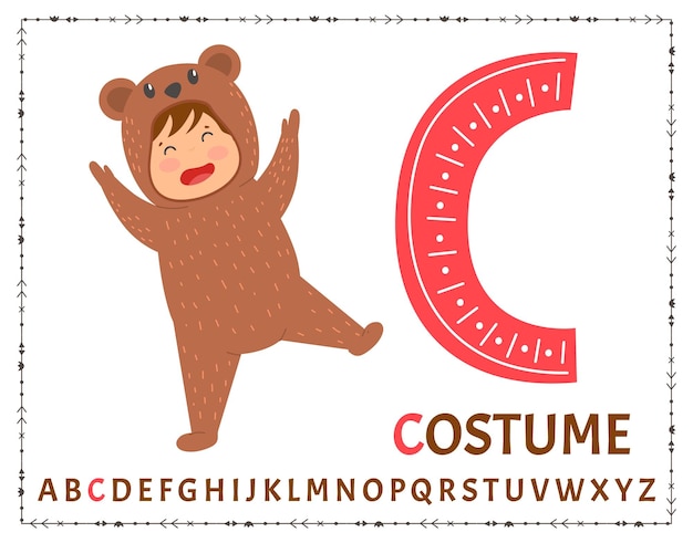 English uppercase alphabet letters on a white background Letter C Vector illustration boy a child in a bear costume