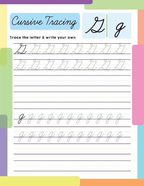 English uppercase lowercase letter tracing handwriting worksheet alphabet g