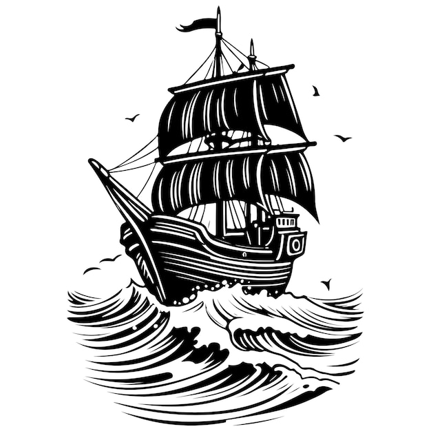 Engrave cartoon ship ink hand drawn line illustration transparent background