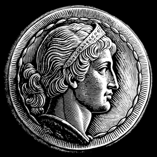 Engraved Ancient Coin Featuring Profile Portrait of Mythological Figure