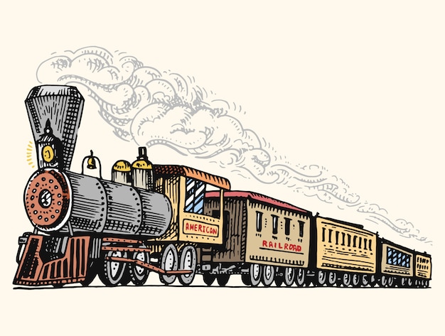 Engraved vintage, hand drawn, old locomotive or train with steam on american railway. retro transport.