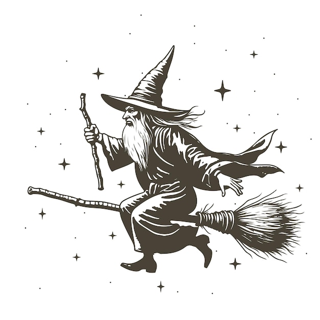 Vector engraved witch on broomstick beautiful handdrawn vector art