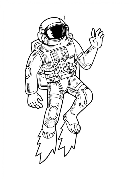 Engraving draw with astronaut spaceman which flying up in special space suit. Vintage cartoon character illustration comics pop art style isolated