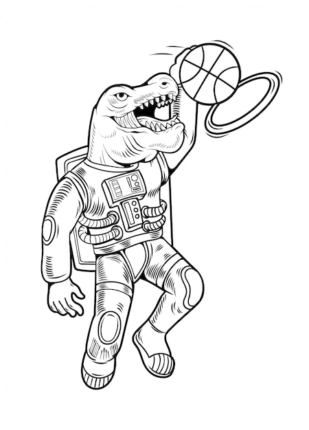 Engraving draw with astronaut t rex which play basketball and make slam dunk. Vintage cartoon character illustration comics pop art style isolated