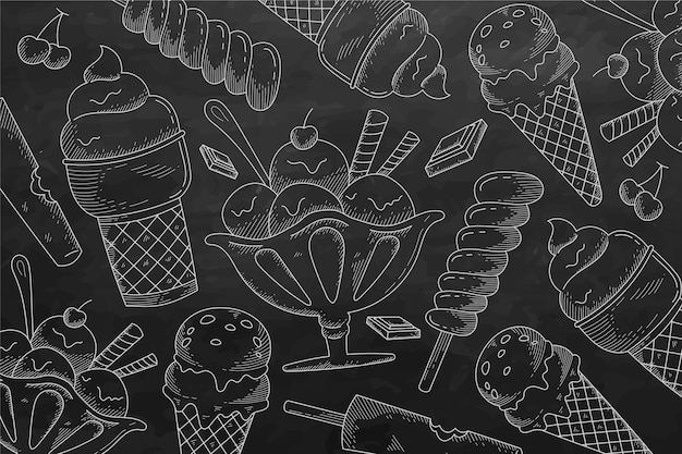 Engraving hand drawn ice cream blackboard background