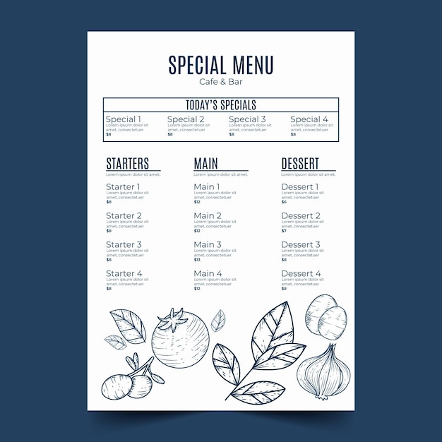 Engraving hand drawn rustic restaurant menu template