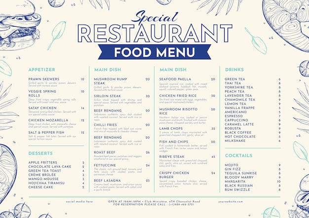 Engraving hand drawn rustic restaurant menu template