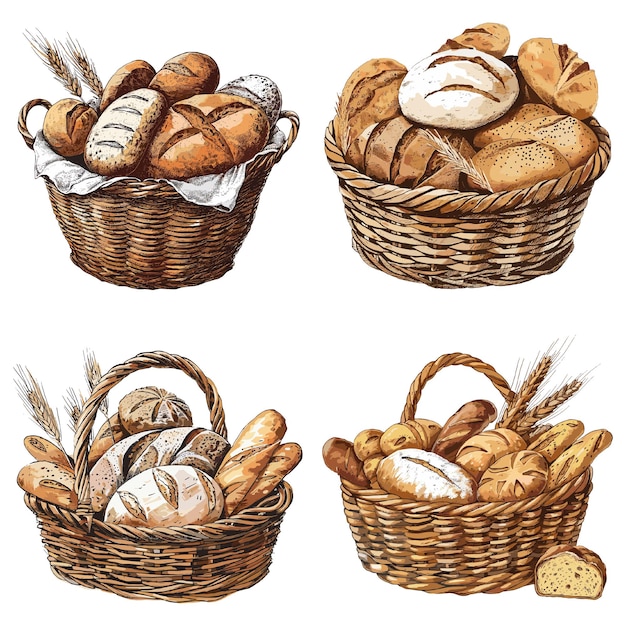 Engraving illustration Set of Basket of breads isolated on white background