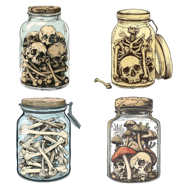 Engraving illustration Set of Bones in a jar isolated on white background