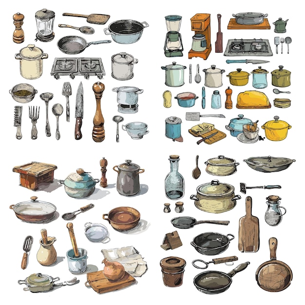 Vector engraving illustration set of kitchen objects isolated on white background