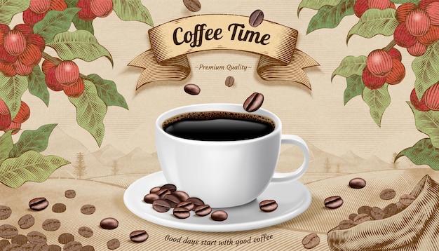 Engraving style coffee time concept